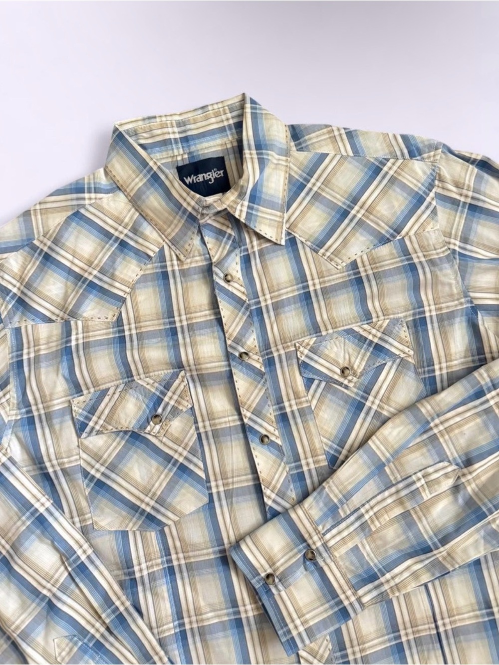 Wrangler Plaid Western Snap Shirt Cotton Blend Decorative Stitch Trim Blue